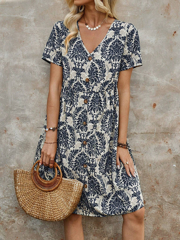 Buttoned Pleated Printed Split-Joint A-Line High Waisted V-Neck Mini Dresses