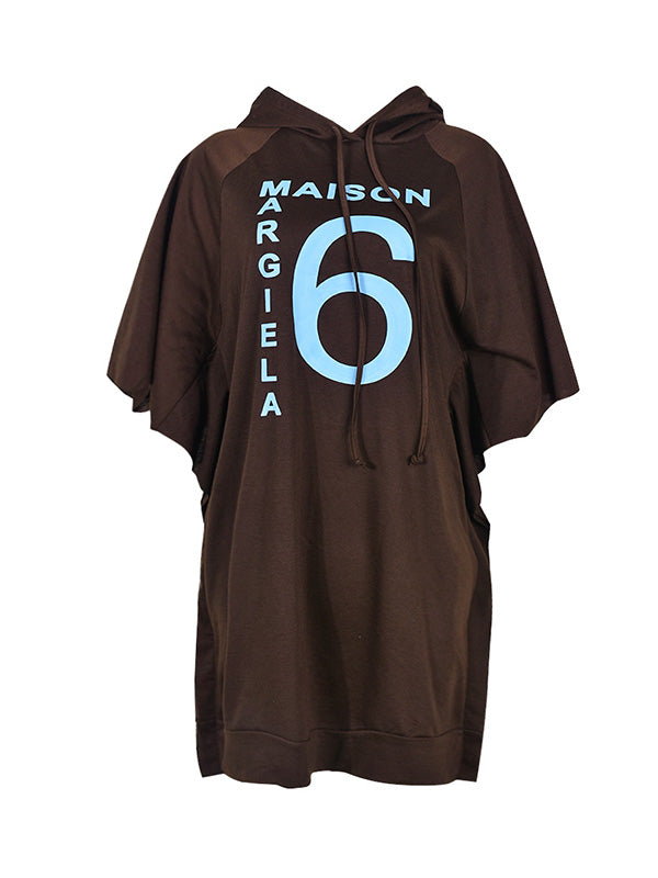 Drawstring Letter Print A-Line Batwing Sleeves Hooded Mini Dresses