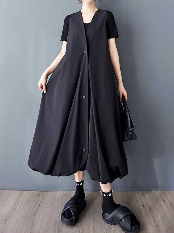 Buttoned Pleated Pockets Solid Color A-Line Loose V-Neck Vest Outerwear Midi Dresses