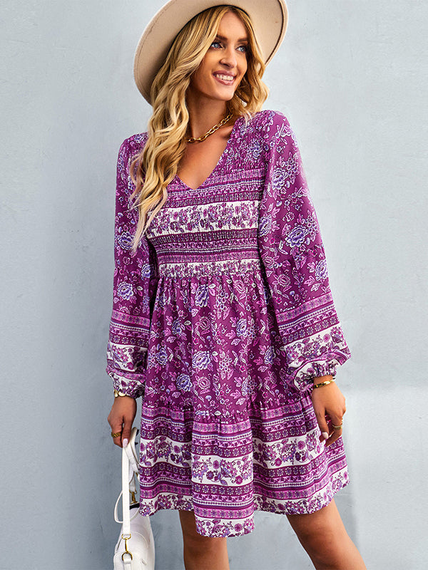 Bohemia A-Line Loose Floral Printed V-Neck Dress