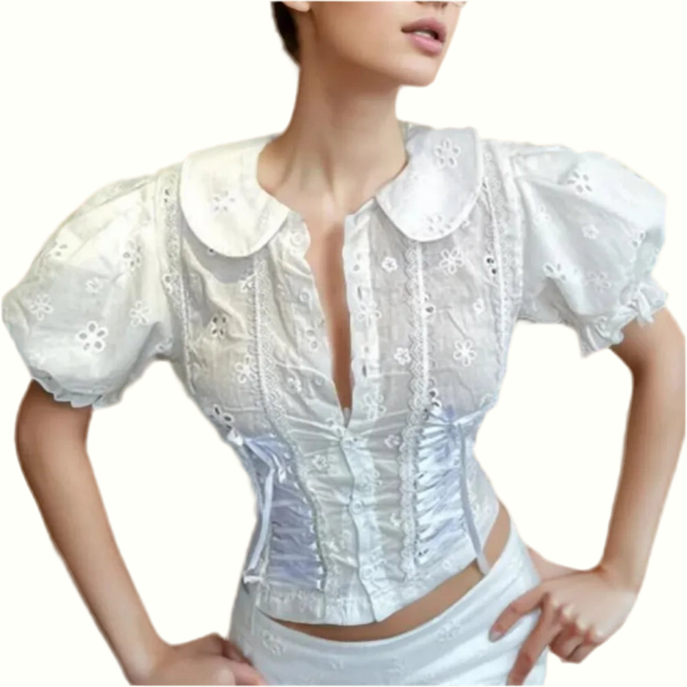 White Embroidery Lace Peter Pan Collar Short Sleeve Top