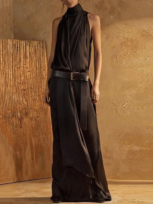 Belt Buckle Solid Color Split-Joint Loose Sleeveless High Neck Maxi Dresses