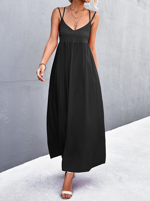 Backless Solid Color Tied A-Line High Waisted Deep V-Neck Slip Dress Midi Dresses
