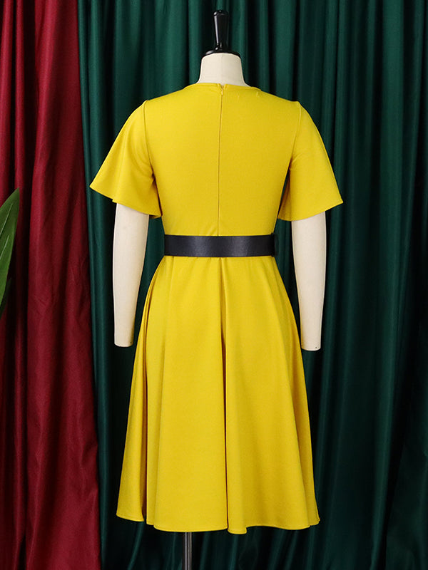 Belted Solid Color Irregular clipping Plus Size Round-neck Midi Dresses