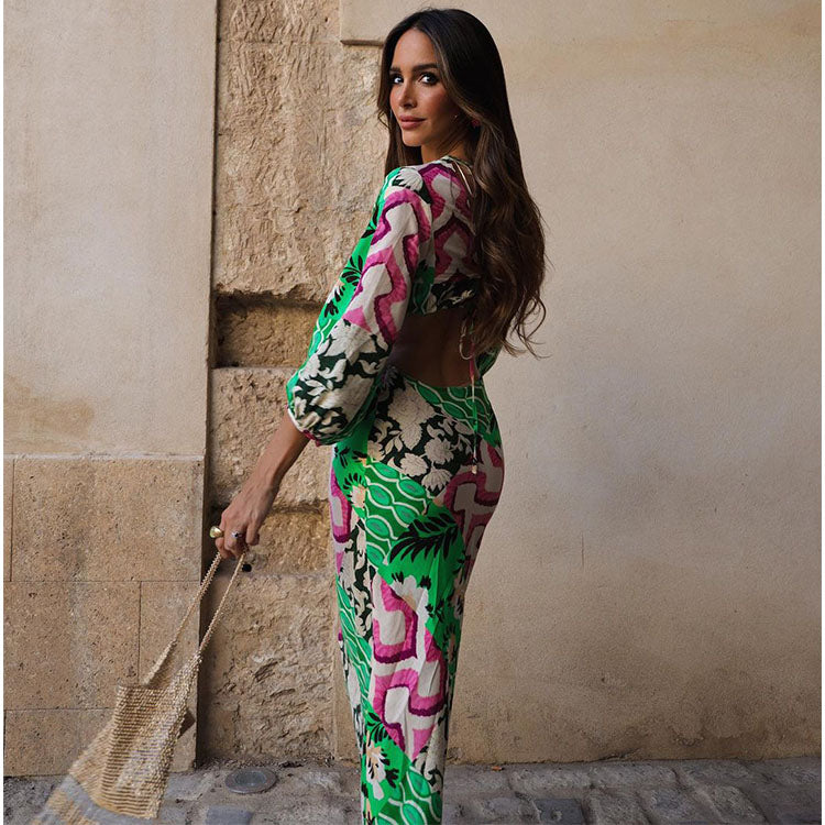 Cross  Backless Graphic Printed Dress