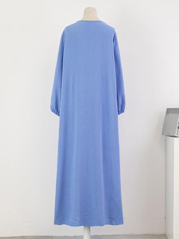 Pleated Solid Color Split-Joint Long Sleeves Loose Round-Neck Maxi Dresses