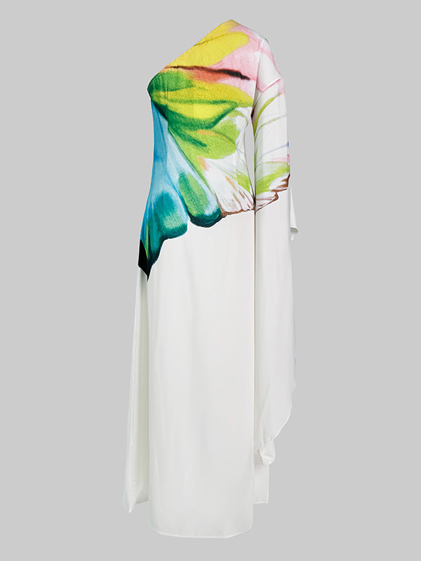 Asymmetric Flower Print Long Sleeves Loose One-shoulder Maxi Dresses