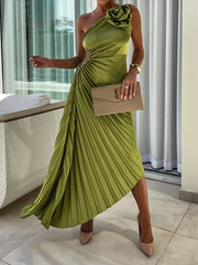 Solid Color Off-The-Shoulder Sleeveless Flower Asymmetric Pleated Maxi Dresses