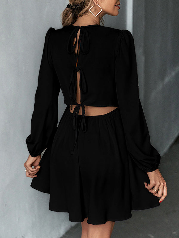 Backless Elasticity Hollow Pleated Solid Color Tied A-Line Bishop Sleeve Round-Neck Mini Dresses