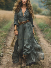 Plaid Splicing Long Sleeves Shirt Maxi Dresses