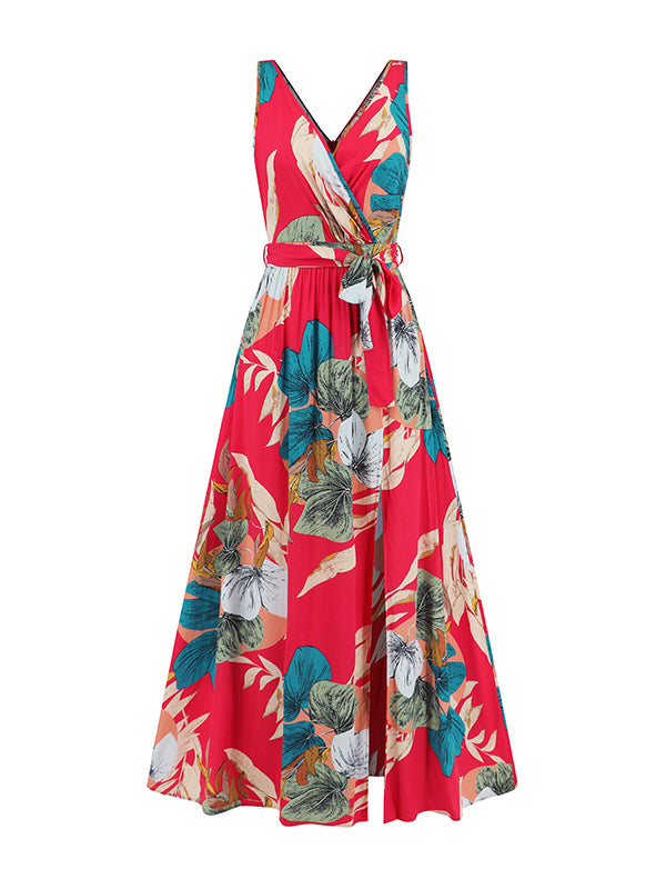 Flower Print Pleated Split-Front Tied Waist A-Line Loose V-Neck Maxi Dresses