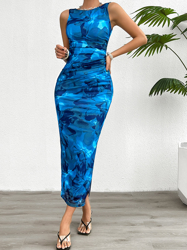 Pleated Printed Split-Side Bodycon Sleeveless Round-Neck Midi Dresses