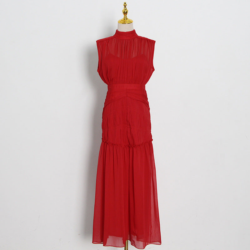 Fold Sleeveless Solid Color Dress