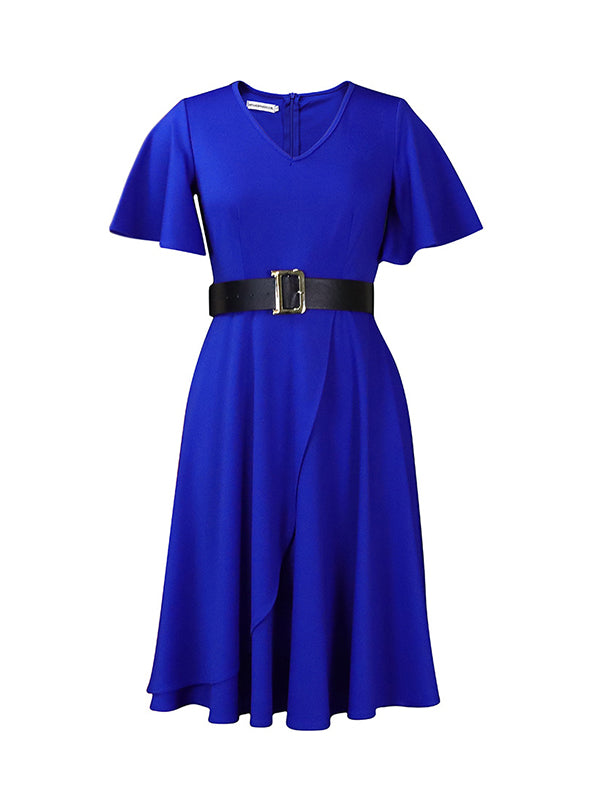 Belted Solid Color Irregular clipping Plus Size Round-neck Midi Dresses
