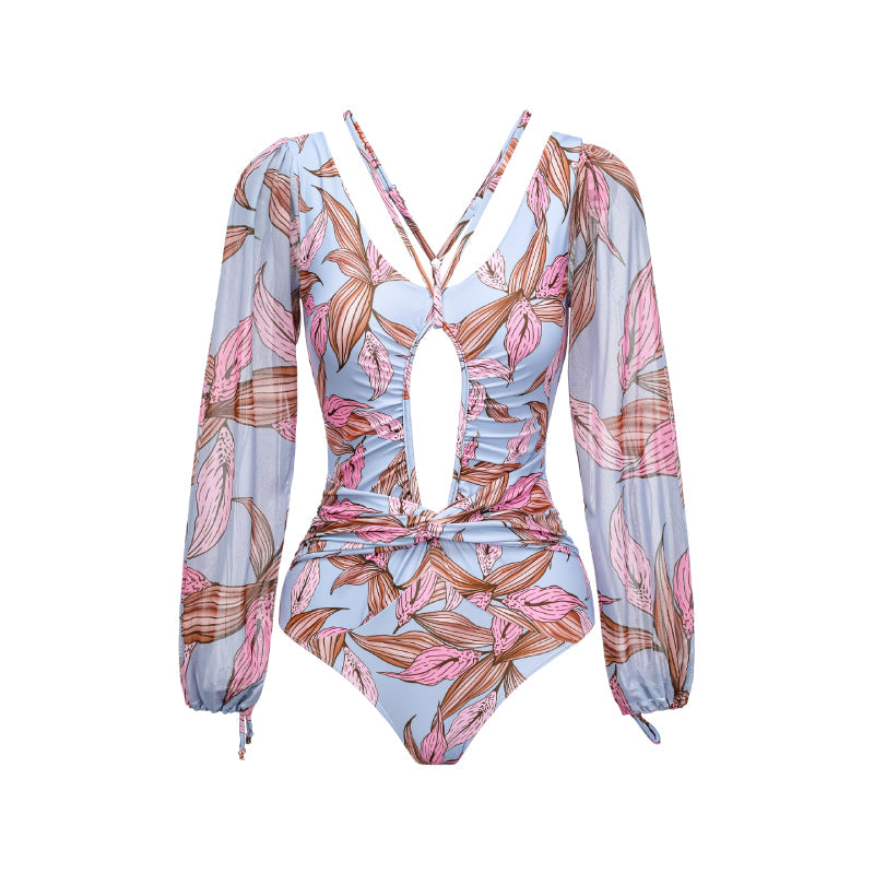 Long Sleeve Vintage Printed One Piece Swimsuit