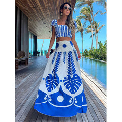 Printed Ruffle Blue Cut Out Maxi Dress