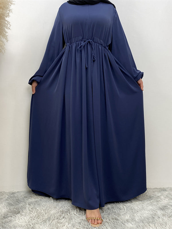 Drawstring Elasticity Muslim Pleated Solid Color Zipper Long Sleeves Loose Round-Neck Maxi Dresses
