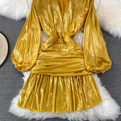 Flaxmaker Long Sleeve Waist V Neck Shiny Dress