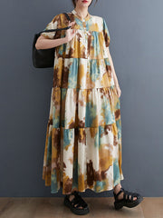 Printed Split-Joint Loose Short Sleeves Stand Collar Midi Dresses