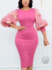 Mesh Lantern Sleeves Office Midi Dress