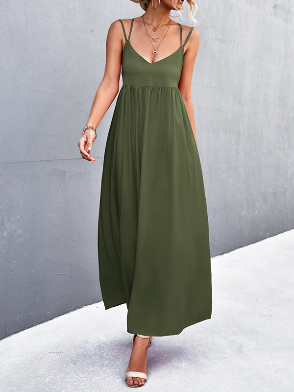 Backless Solid Color Tied A-Line High Waisted Deep V-Neck Slip Dress Midi Dresses