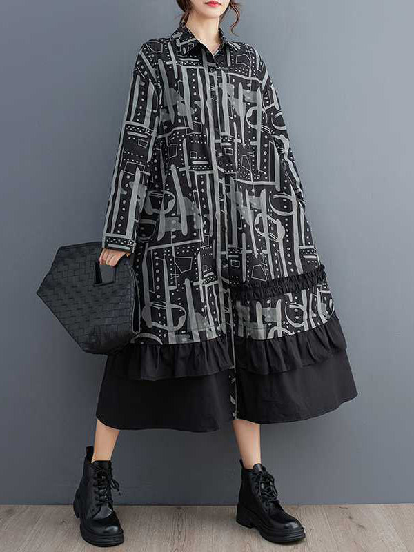 Asymmetric Buttoned Printed Split-Joint A-Line Long Sleeves Lapel Midi Dresses