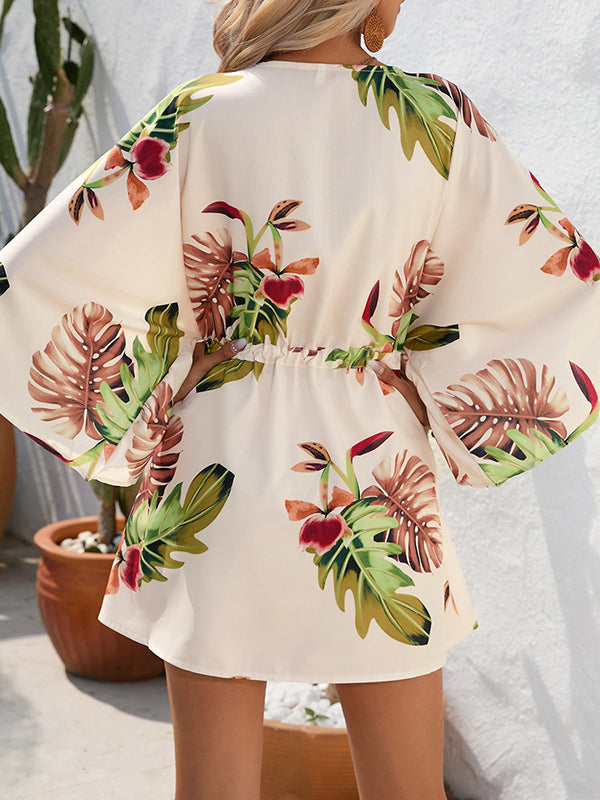 Buttoned Drawstring Leaves Print A-Line Half Sleeves V-Neck Mini Dresses