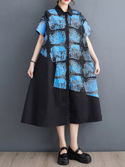 Abstract Printed Loose Short Sleeves Lapel Shirt Dress Midi Dresses