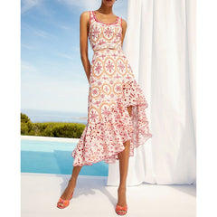 Asymmetrical Embroidery Midi Dress
