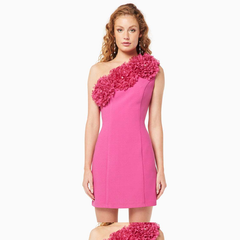Oblique Shoulder 3D Flower  Mini Dress