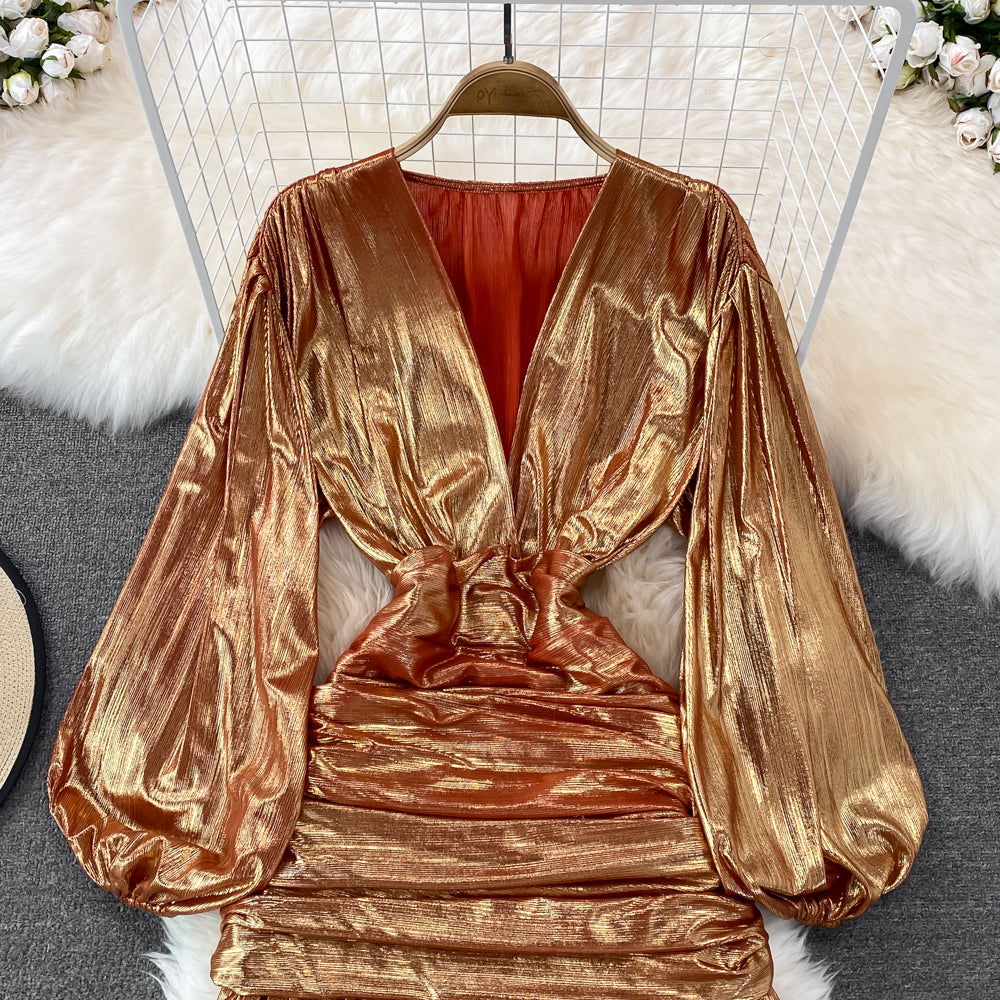 Flaxmaker Long Sleeve Waist V Neck Shiny Dress
