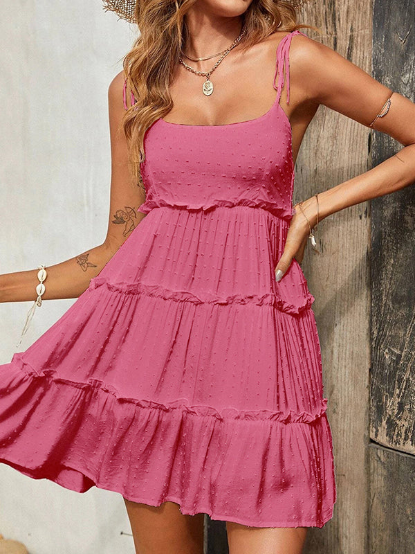 Jacquard Layered Pleated Solid Color Split-Joint A-Line Loose Spaghetti-Neck Mini Dresses