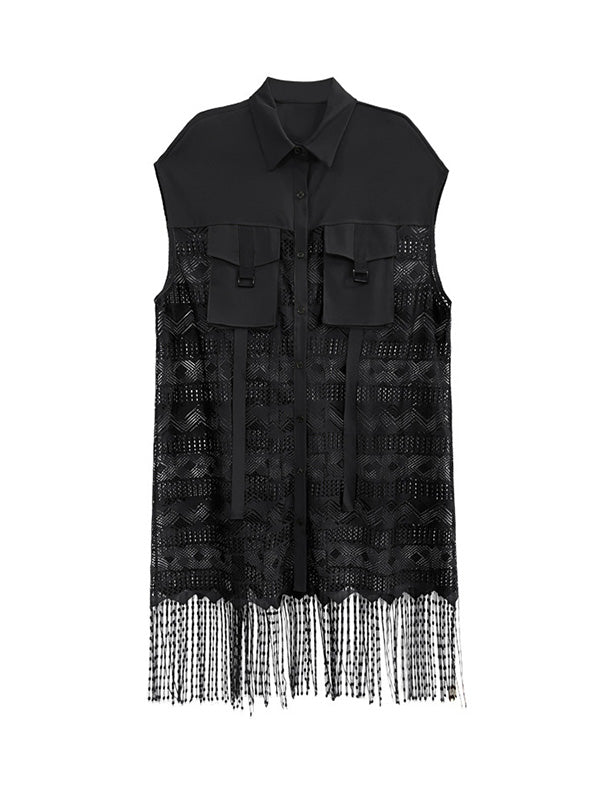 Sleeveless See-Through Split-Joint Tasseled Lapel Lace Midi Dresses