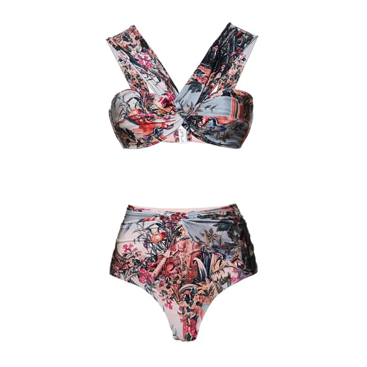 Flaxmaker Off Shoulder Paraiso Printed Bikini Swimsuit and Beach Skirt
