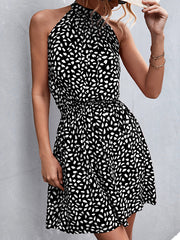 Elasticity Leaves Print Pleated A-Line High Waisted Halter-Neck Mini Dresses