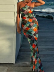 Fish Scale Print Sleevless Spaghetti-Neck Elegant Wrap Maxi Dresses