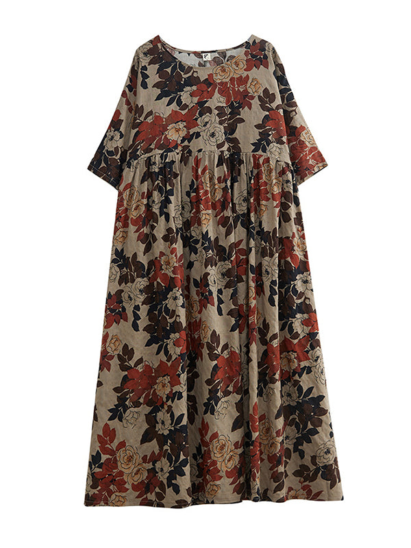 Floral Printed Loose Puff Sleeves Round-Neck Midi Dresses
