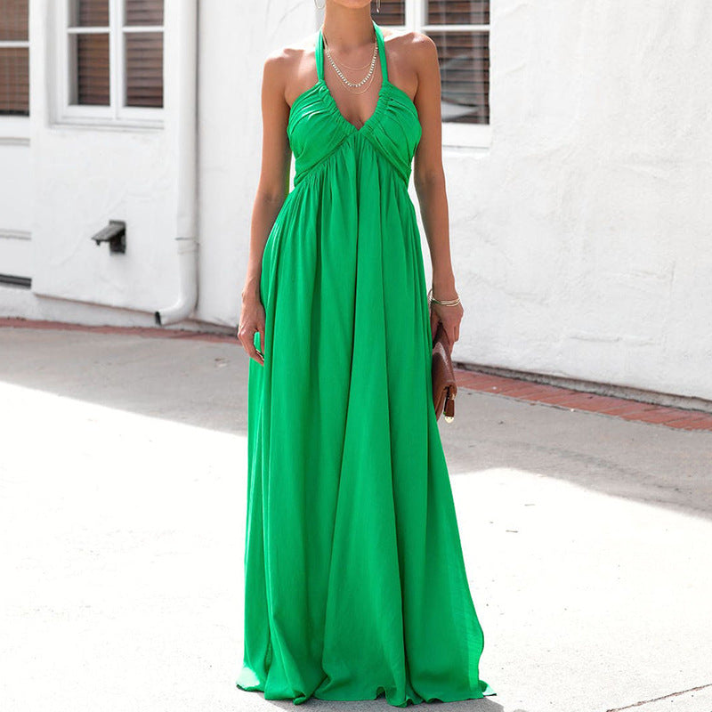 Halter Solid Color V Neck Maxi Dress