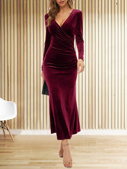 Pleated Solid Color Split-Joint Bodycon Long Sleeves V-Neck Maxi Dresses Evening Dresses