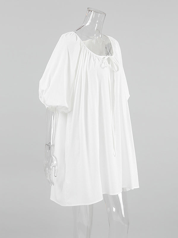 Lace-Up Pleated See-Through Solid Color Loose Puff Sleeves V-Neck Sleep Dress Mini Dresses