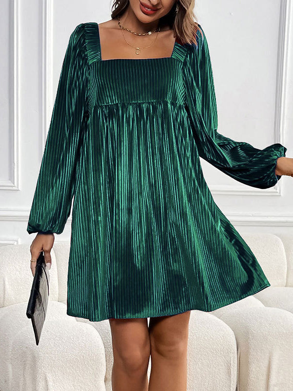Pleated Shiny Solid Color Tied Velvet A-Line Long Sleeves Square-Neck Mini Dresses