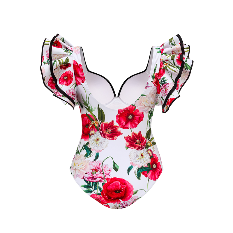 Plus Size Ruffle Rose Print Swimsuit and Skirt Flaxmaker