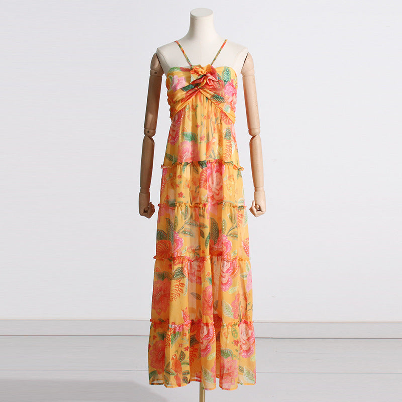 3D Flower Halter Printed Maxi Dress Flaxmaker