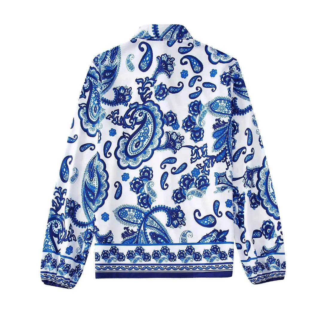 Flaxmaker Fashion Casual Blue and White Porcelain Prined  Two Piece Set