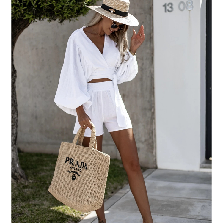 V Neck Lace Up Solid Color Shorts Two Piece Set