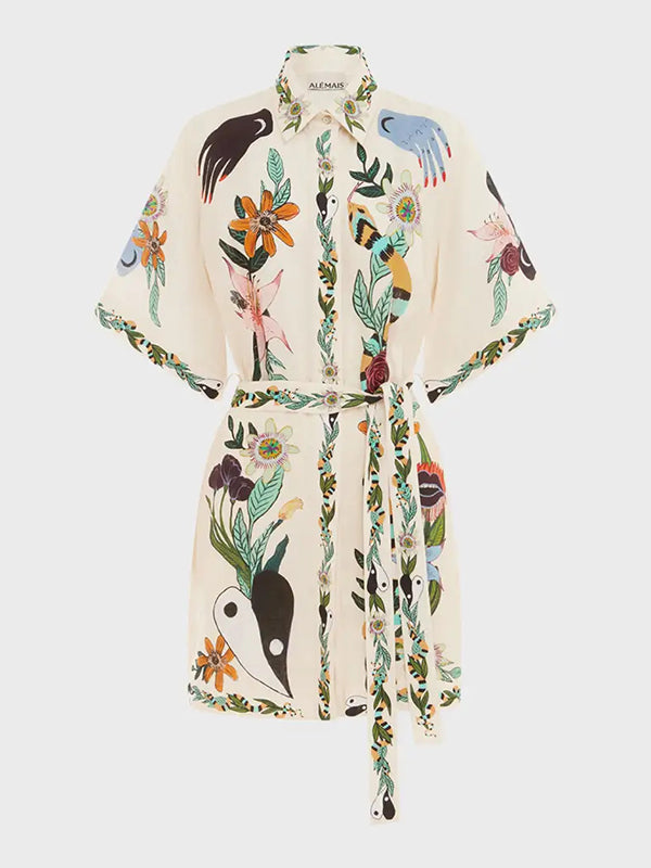 Short Sleeves Flower Print Lapel Collar Mini Dresses