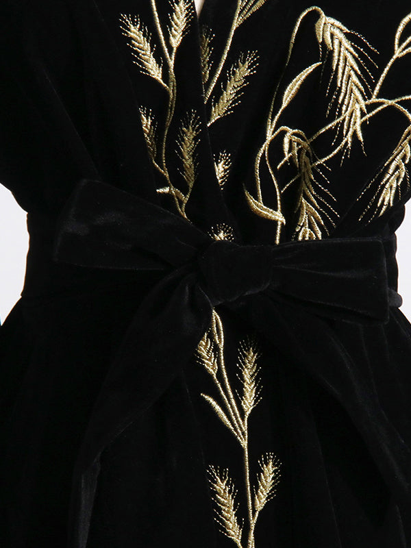 Embroidered Tied Waist Loose Puff Sleeves V-Neck Mini Dresses