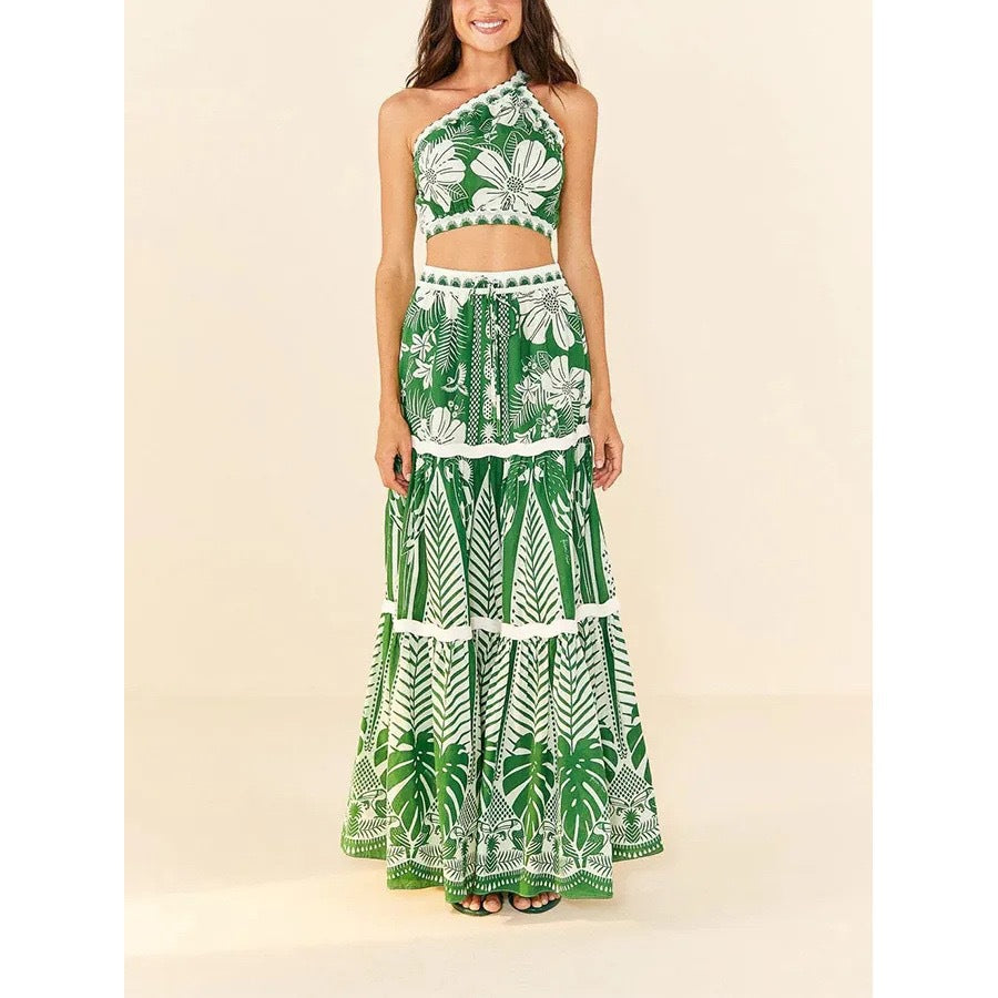 One Shoulder Green Flower Printed One Piece Swimsuit and Skirt