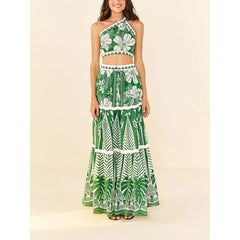 One Shoulder Green Flower Printed One Piece Swimsuit and Skirt