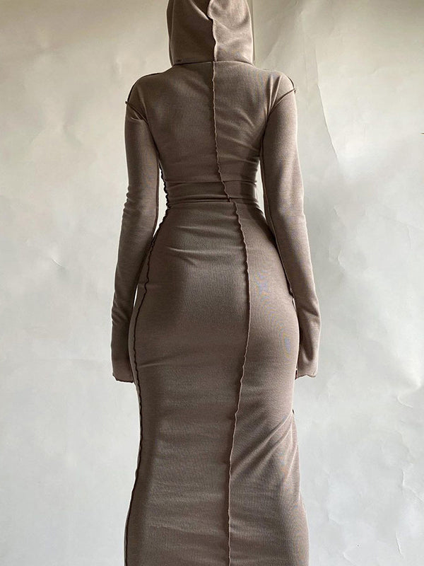 Solid Color Split-Joint Long Sleeves Plus Size Hooded Maxi Dresses